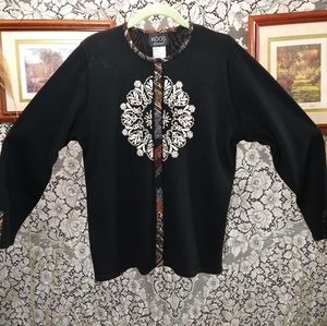 Koos black cardigan white embroidery red and gold trim on neckline vintage